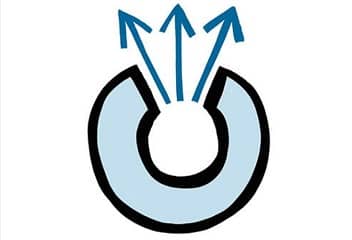 symbool met een open 'O' en van binnen naar buiten 3 pijlen die openheid symboliseren