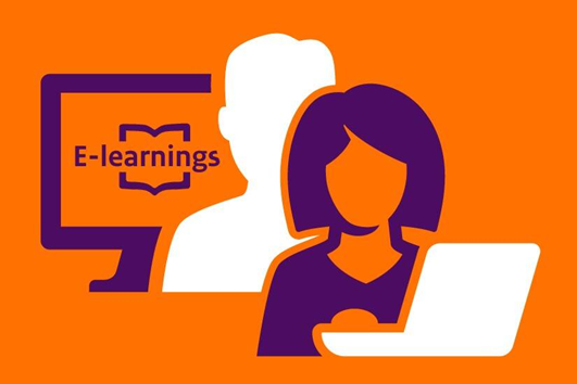 Animatie vrouw en man met laptop met op scherm de tekst E-learnings